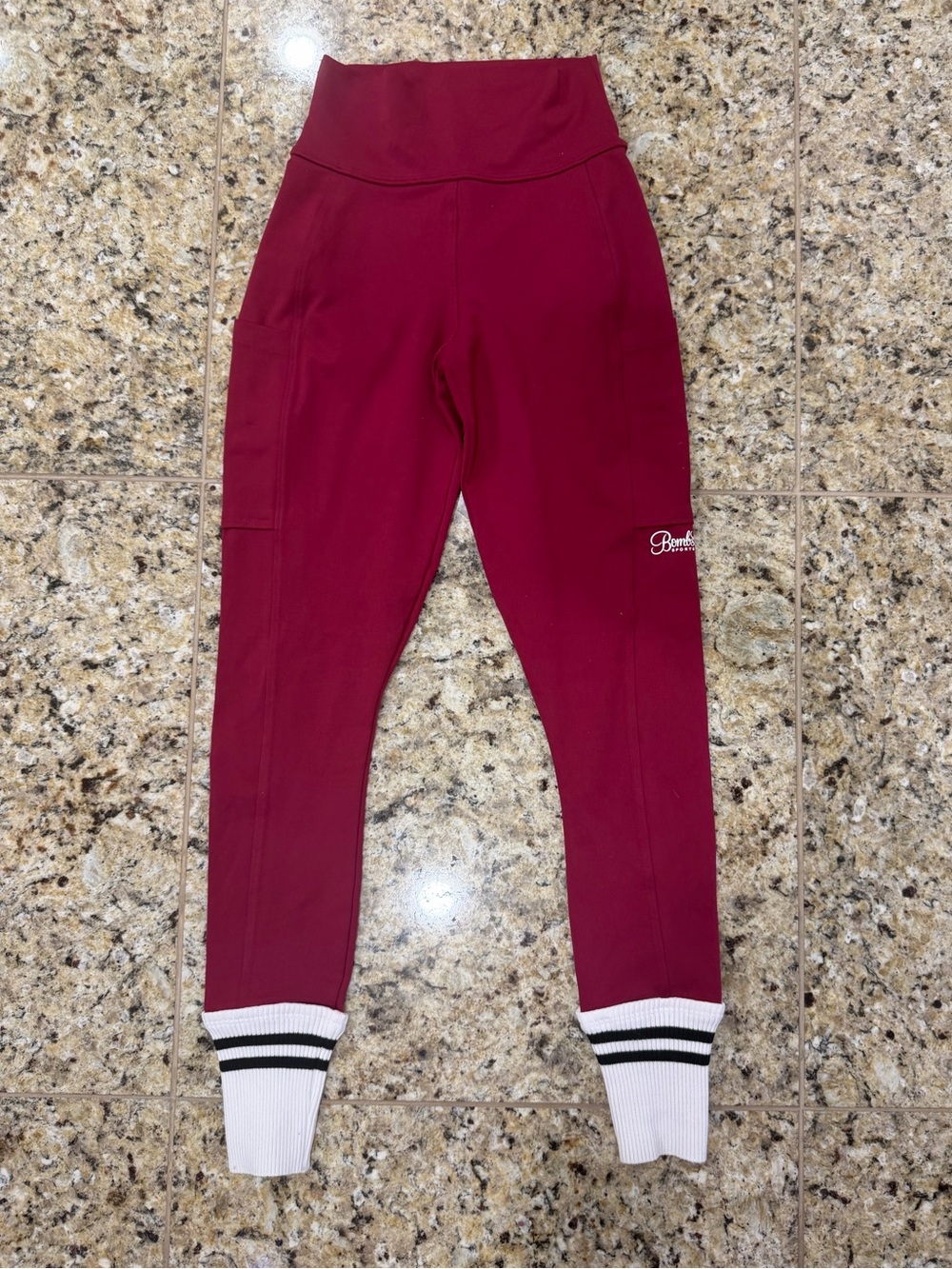 Bombshell Sportswear Burgundy High-Waist Leggings with White Rib Cuffs
